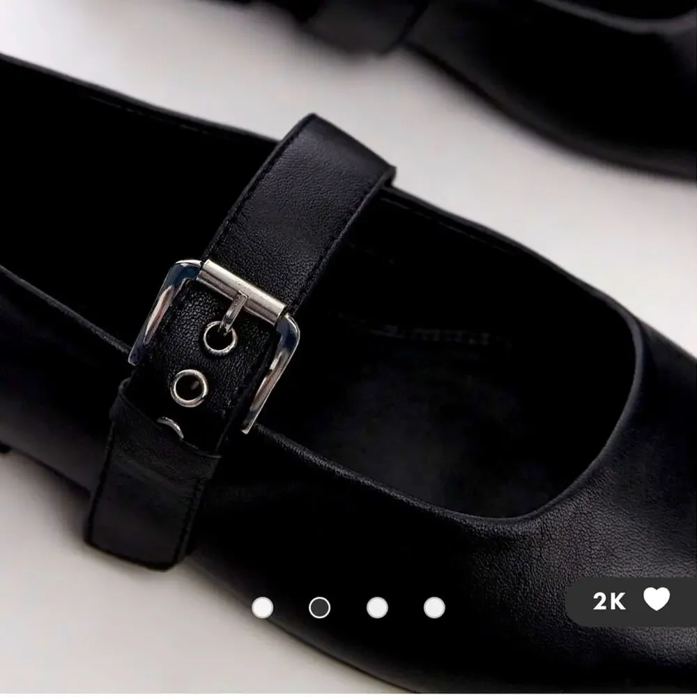 Topshop Cyndi Leather Square Toe Ballet Flats Shoes With Buckle Black size 7.5